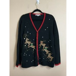 Womens Christmas Cardigan Sweater Size Large Black Reindeer Beaded Snowflakes